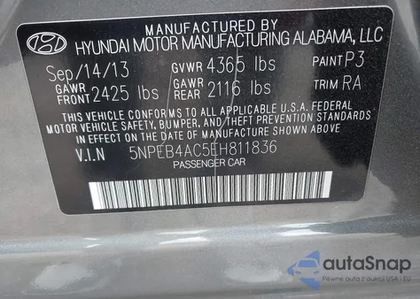 2014 Hyundai Sonata Gls z USA, uszkodzony, nr VIN 5NPEB4AC5EH811836